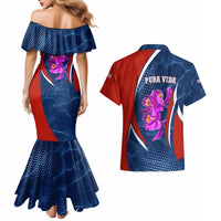 Costa Rica Orchid Couples Matching Mermaid Dress and Hawaiian Shirt Red and Blue with National Emblem and Purple Flower Design - Wonder Print Shop