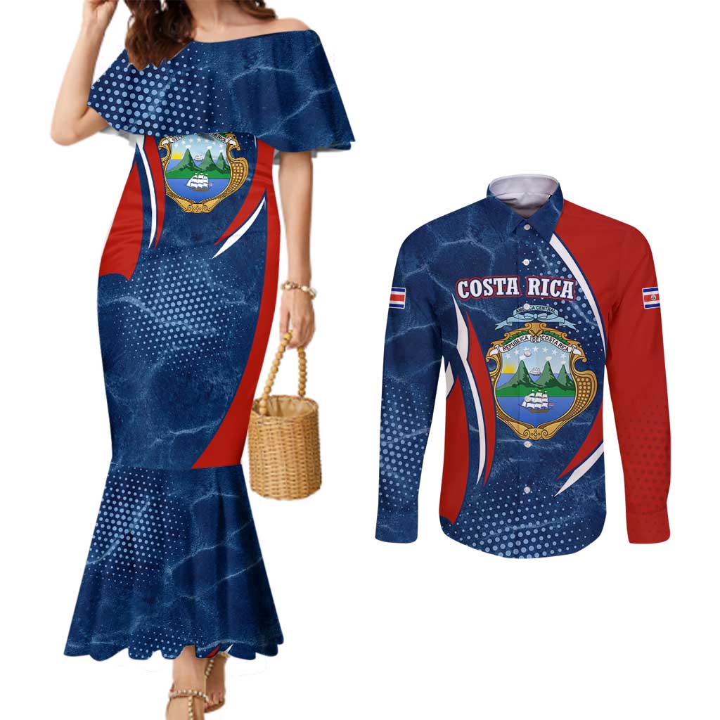 Costa Rica Orchid Couples Matching Mermaid Dress and Long Sleeve Button Shirt Red and Blue with National Emblem and Purple Flower Design - Wonder Print Shop