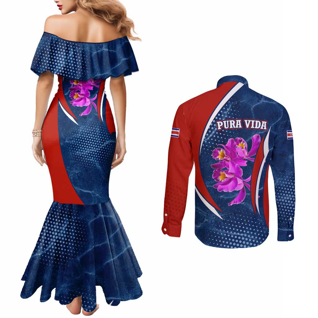 Costa Rica Orchid Couples Matching Mermaid Dress and Long Sleeve Button Shirt Red and Blue with National Emblem and Purple Flower Design - Wonder Print Shop