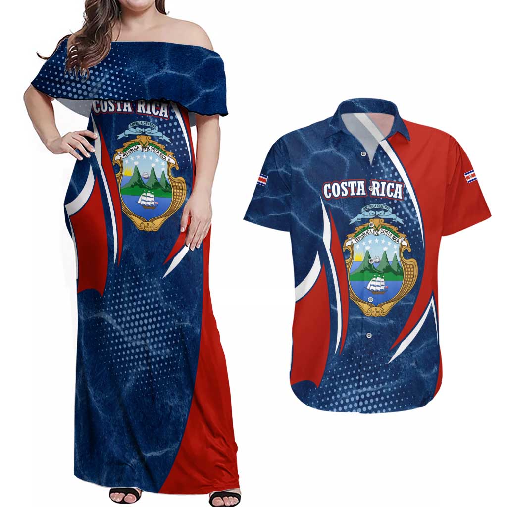 Costa Rica Orchid Couples Matching Off Shoulder Maxi Dress and Hawaiian Shirt Red and Blue with National Emblem and Purple Flower Design - Wonder Print Shop