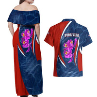 Costa Rica Orchid Couples Matching Off Shoulder Maxi Dress and Hawaiian Shirt Red and Blue with National Emblem and Purple Flower Design - Wonder Print Shop