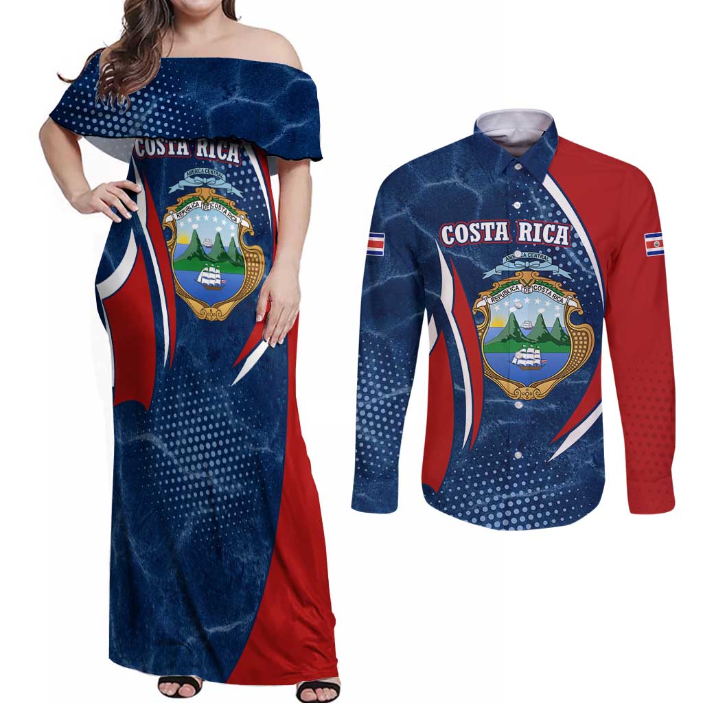 Costa Rica Orchid Couples Matching Off Shoulder Maxi Dress and Long Sleeve Button Shirt Red and Blue with National Emblem and Purple Flower Design - Wonder Print Shop