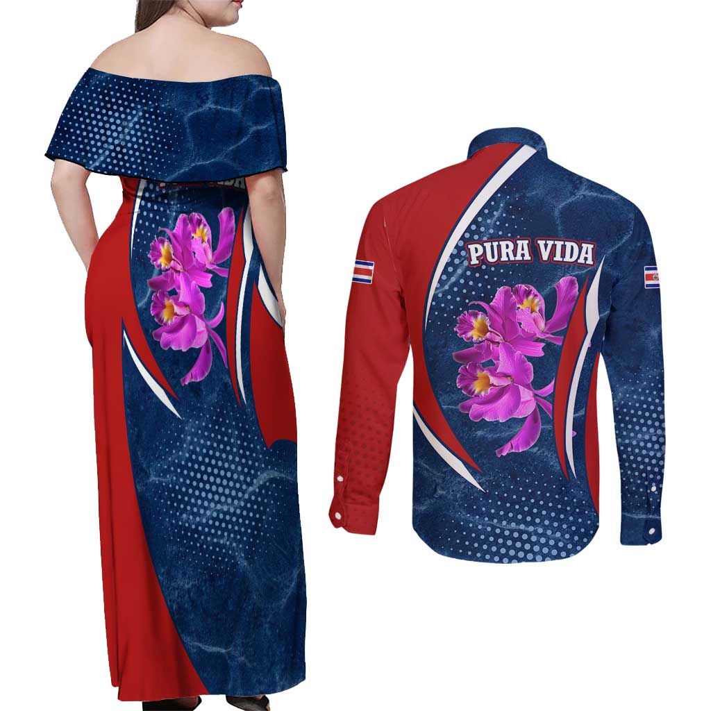Costa Rica Orchid Couples Matching Off Shoulder Maxi Dress and Long Sleeve Button Shirt Red and Blue with National Emblem and Purple Flower Design - Wonder Print Shop