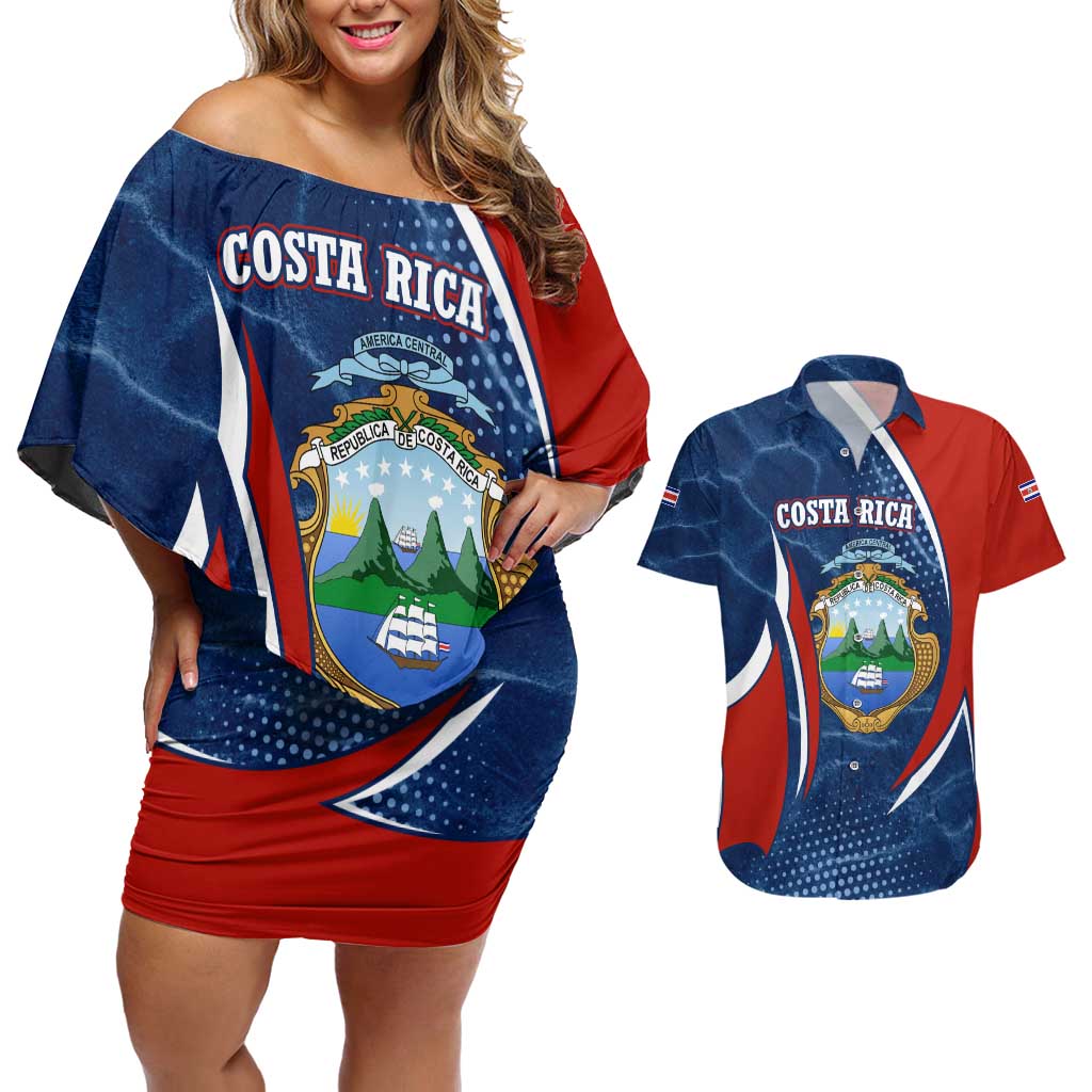 Costa Rica Orchid Couples Matching Off Shoulder Short Dress and Hawaiian Shirt Red and Blue with National Emblem and Purple Flower Design - Wonder Print Shop