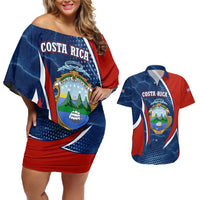 Costa Rica Orchid Couples Matching Off Shoulder Short Dress and Hawaiian Shirt Red and Blue with National Emblem and Purple Flower Design - Wonder Print Shop