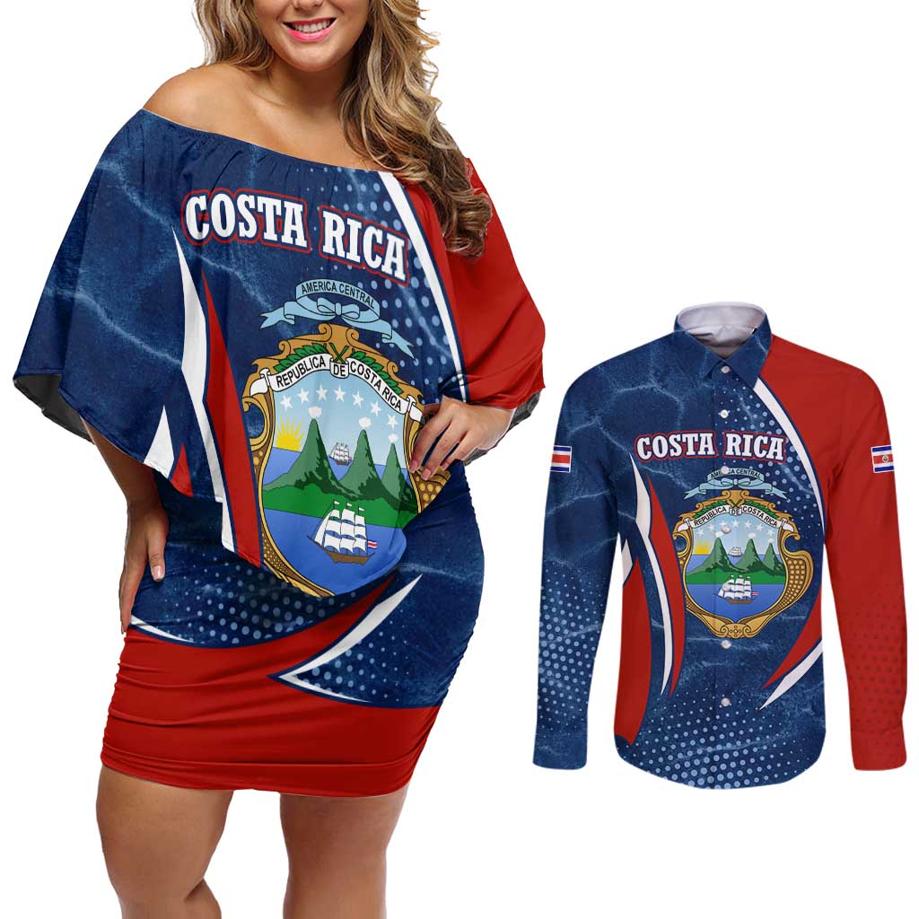 Costa Rica Orchid Couples Matching Off Shoulder Short Dress and Long Sleeve Button Shirt Red and Blue with National Emblem and Purple Flower Design - Wonder Print Shop
