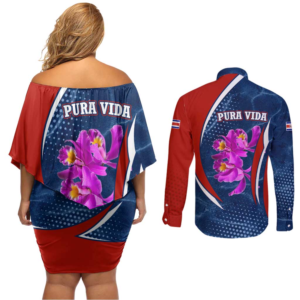 Costa Rica Orchid Couples Matching Off Shoulder Short Dress and Long Sleeve Button Shirt Red and Blue with National Emblem and Purple Flower Design - Wonder Print Shop