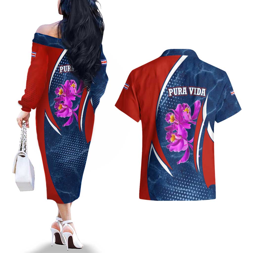 Costa Rica Orchid Couples Matching Off The Shoulder Long Sleeve Dress and Hawaiian Shirt Red and Blue with National Emblem and Purple Flower Design - Wonder Print Shop
