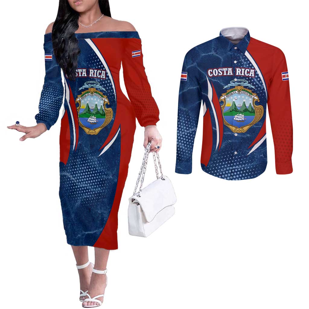 Costa Rica Orchid Couples Matching Off The Shoulder Long Sleeve Dress and Long Sleeve Button Shirt Red and Blue with National Emblem and Purple Flower Design - Wonder Print Shop