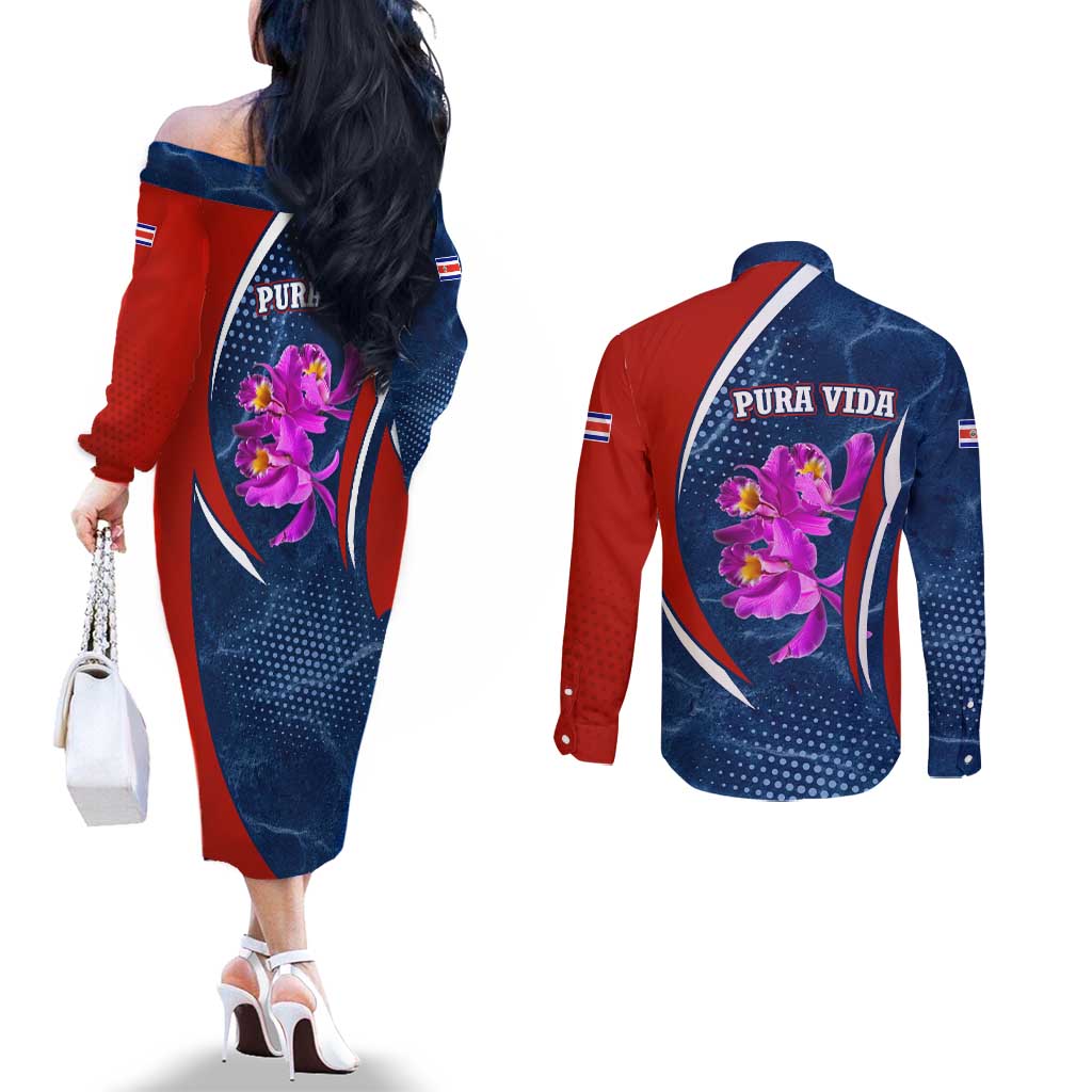 Costa Rica Orchid Couples Matching Off The Shoulder Long Sleeve Dress and Long Sleeve Button Shirt Red and Blue with National Emblem and Purple Flower Design - Wonder Print Shop