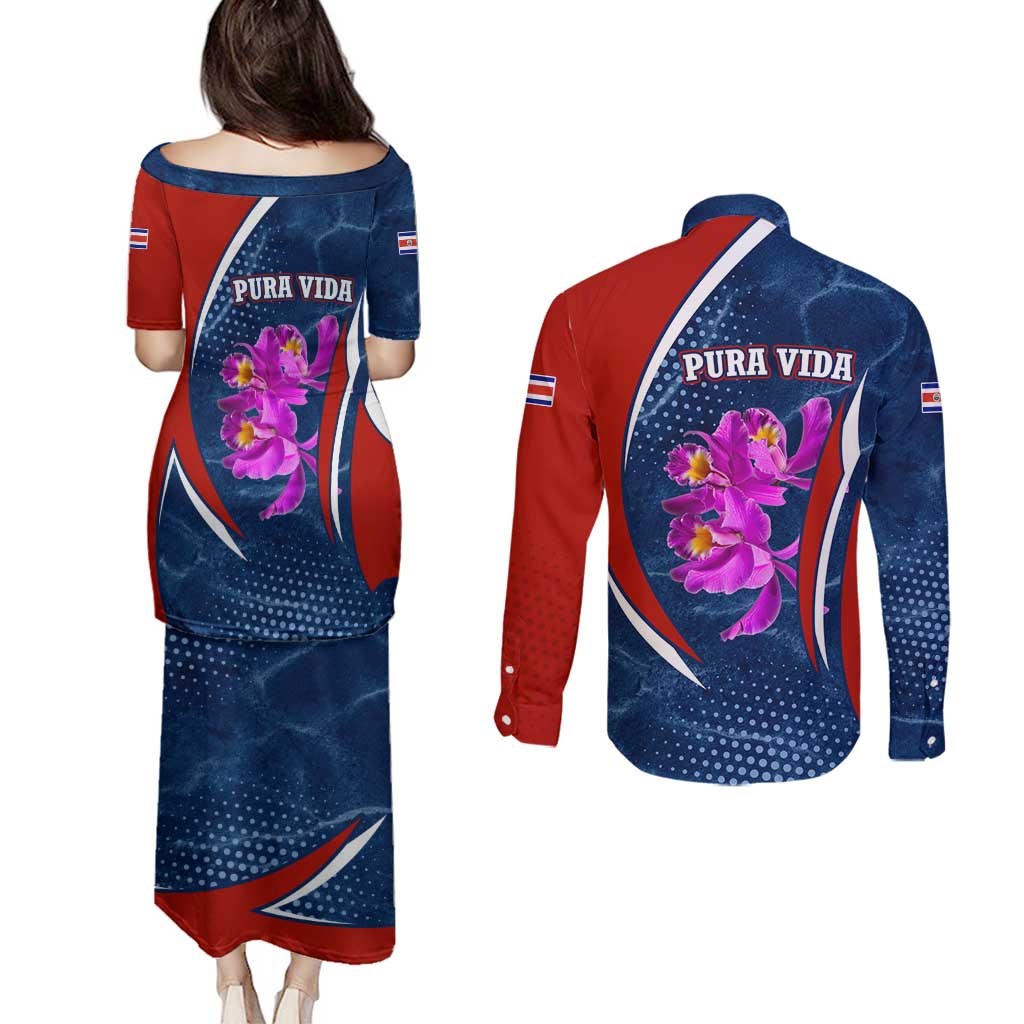 Costa Rica Orchid Couples Matching Puletasi and Long Sleeve Button Shirt Red and Blue with National Emblem and Purple Flower Design - Wonder Print Shop