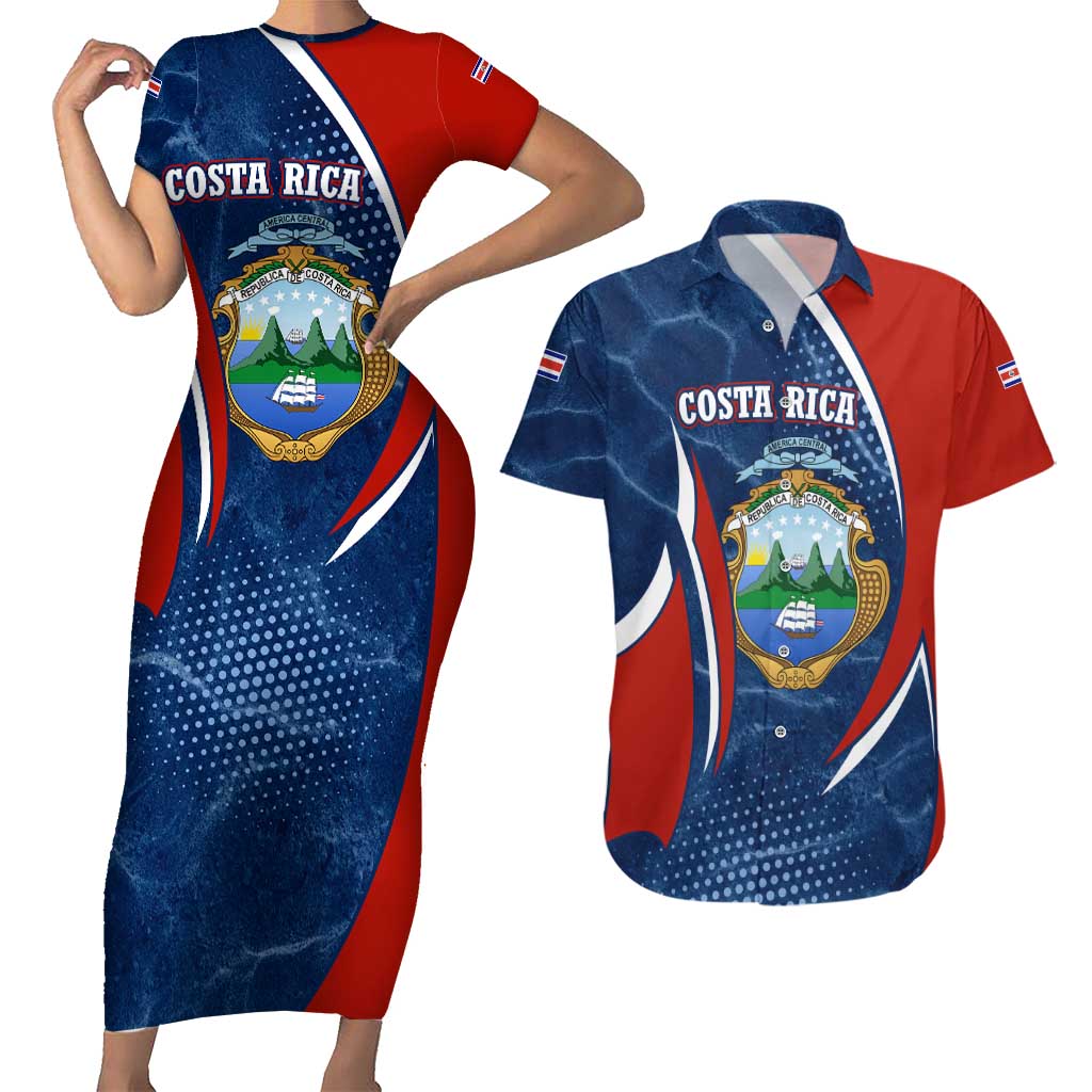 Costa Rica Orchid Couples Matching Short Sleeve Bodycon Dress and Hawaiian Shirt Red and Blue with National Emblem and Purple Flower Design - Wonder Print Shop