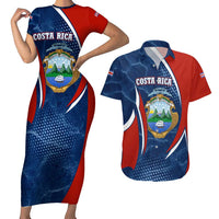 Costa Rica Orchid Couples Matching Short Sleeve Bodycon Dress and Hawaiian Shirt Red and Blue with National Emblem and Purple Flower Design - Wonder Print Shop