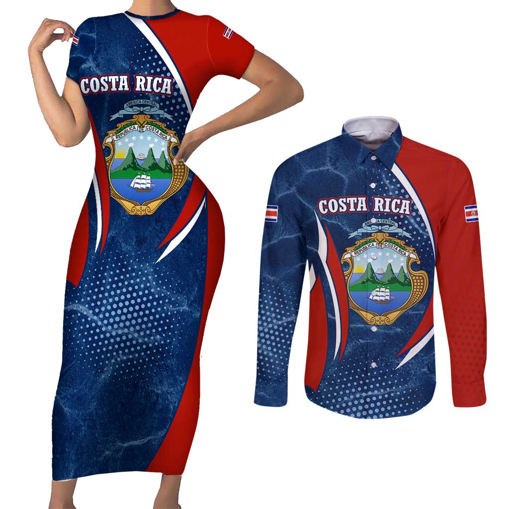 Costa Rica Orchid Couples Matching Short Sleeve Bodycon Dress and Long Sleeve Button Shirt Red and Blue with National Emblem and Purple Flower Design - Wonder Print Shop