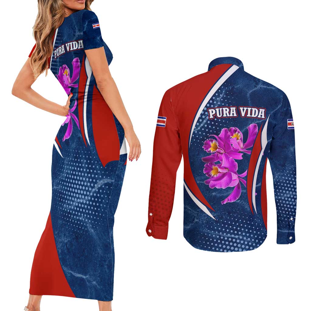 Costa Rica Orchid Couples Matching Short Sleeve Bodycon Dress and Long Sleeve Button Shirt Red and Blue with National Emblem and Purple Flower Design - Wonder Print Shop