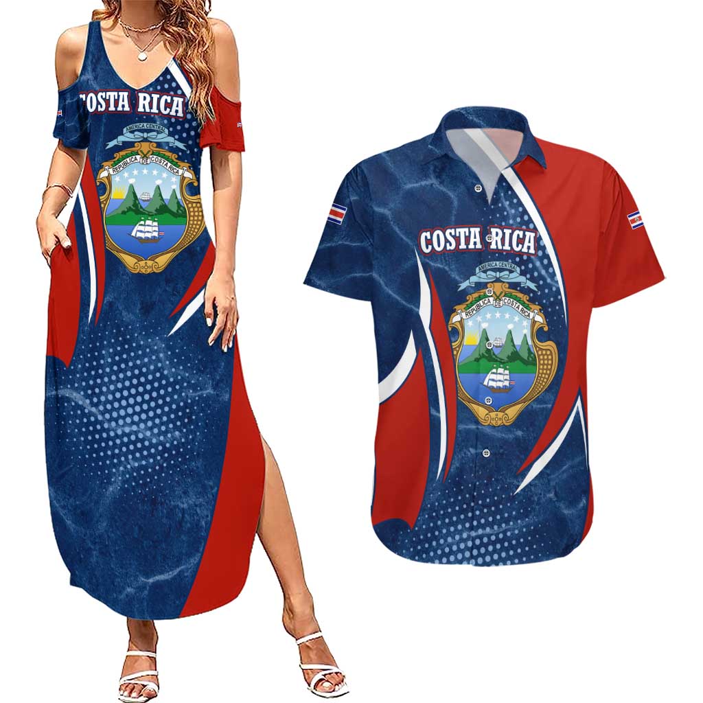 Costa Rica Orchid Couples Matching Summer Maxi Dress and Hawaiian Shirt Red and Blue with National Emblem and Purple Flower Design - Wonder Print Shop