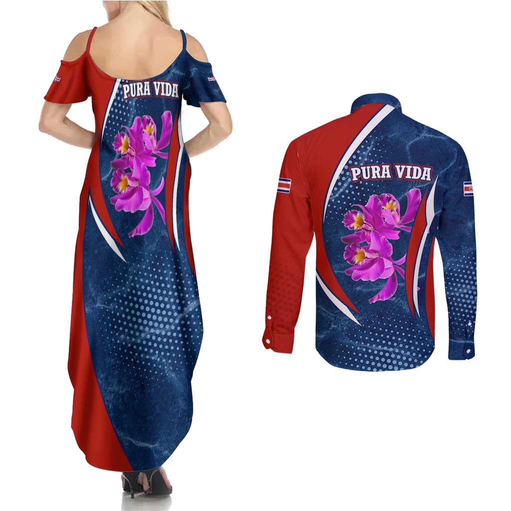 Costa Rica Orchid Couples Matching Summer Maxi Dress and Long Sleeve Button Shirt Red and Blue with National Emblem and Purple Flower Design - Wonder Print Shop