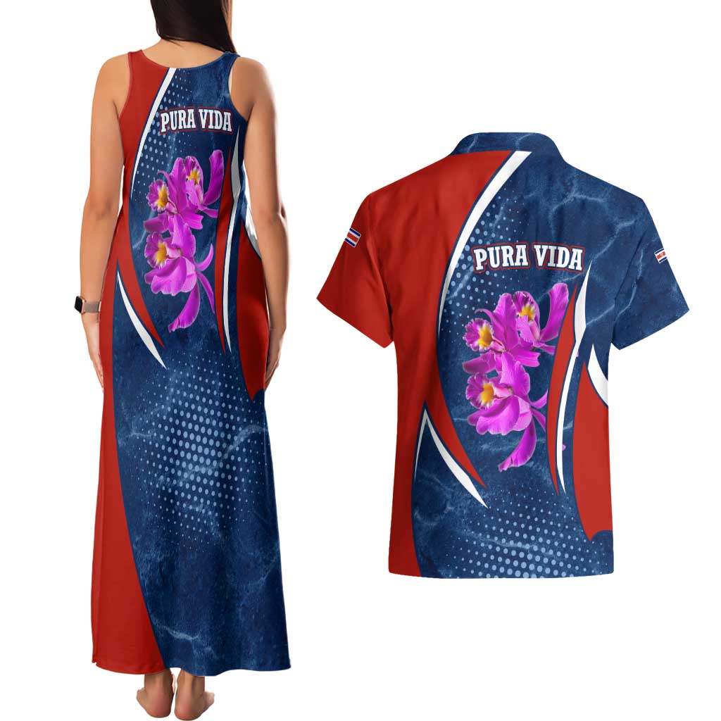 Costa Rica Orchid Couples Matching Tank Maxi Dress and Hawaiian Shirt Red and Blue with National Emblem and Purple Flower Design - Wonder Print Shop