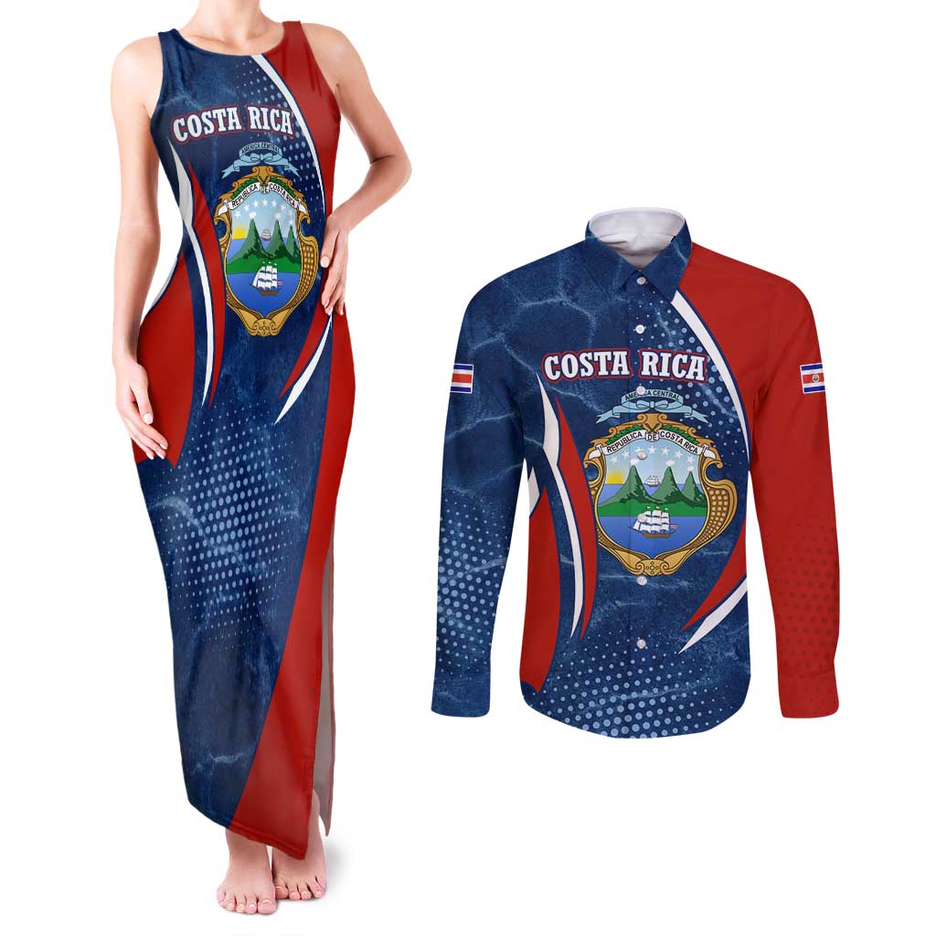 Costa Rica Orchid Couples Matching Tank Maxi Dress and Long Sleeve Button Shirt Red and Blue with National Emblem and Purple Flower Design - Wonder Print Shop