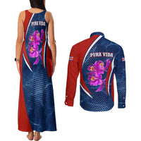 Costa Rica Orchid Couples Matching Tank Maxi Dress and Long Sleeve Button Shirt Red and Blue with National Emblem and Purple Flower Design - Wonder Print Shop