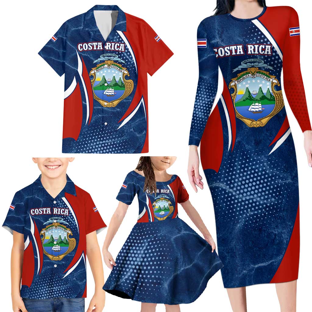 Costa Rica Orchid Family Matching Long Sleeve Bodycon Dress and Hawaiian Shirt Red and Blue with National Emblem and Purple Flower Design - Wonder Print Shop