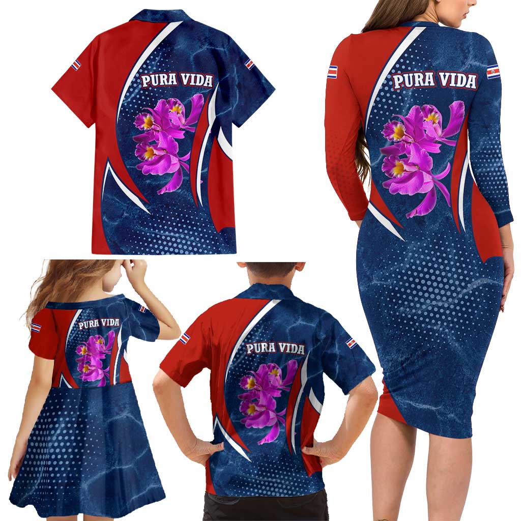 Costa Rica Orchid Family Matching Long Sleeve Bodycon Dress and Hawaiian Shirt Red and Blue with National Emblem and Purple Flower Design - Wonder Print Shop