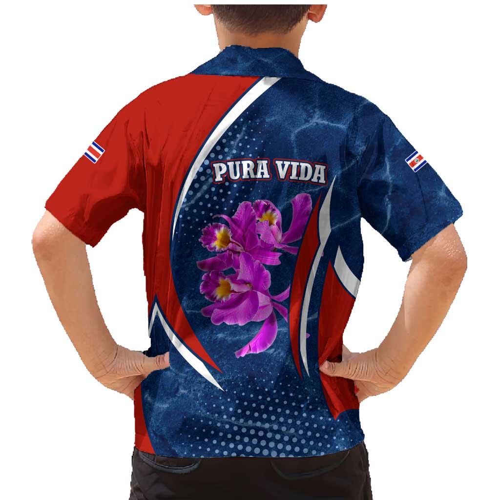 Costa Rica Orchid Family Matching Mermaid Dress and Hawaiian Shirt Red and Blue with National Emblem and Purple Flower Design - Wonder Print Shop