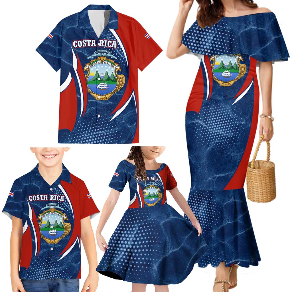 Costa Rica Orchid Family Matching Mermaid Dress and Hawaiian Shirt Red and Blue with National Emblem and Purple Flower Design - Wonder Print Shop