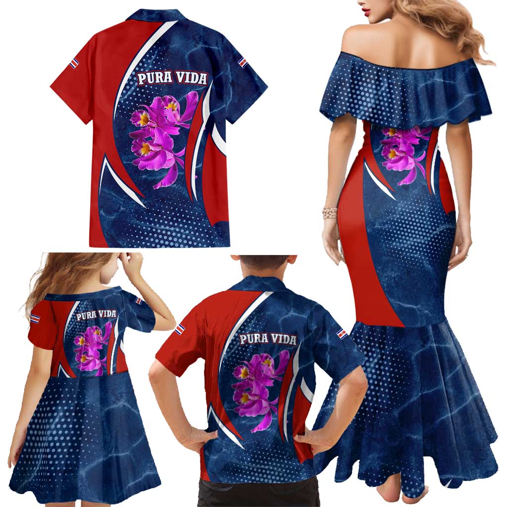 Costa Rica Orchid Family Matching Mermaid Dress and Hawaiian Shirt Red and Blue with National Emblem and Purple Flower Design - Wonder Print Shop