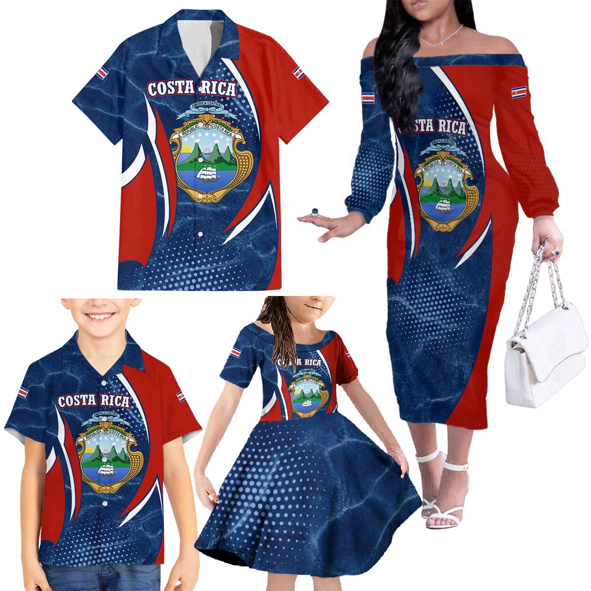 Costa Rica Orchid Family Matching Off The Shoulder Long Sleeve Dress and Hawaiian Shirt Red and Blue with National Emblem and Purple Flower Design - Wonder Print Shop