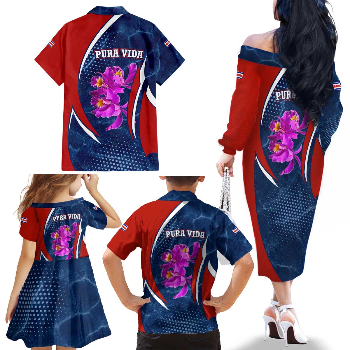 Costa Rica Orchid Family Matching Off The Shoulder Long Sleeve Dress and Hawaiian Shirt Red and Blue with National Emblem and Purple Flower Design - Wonder Print Shop
