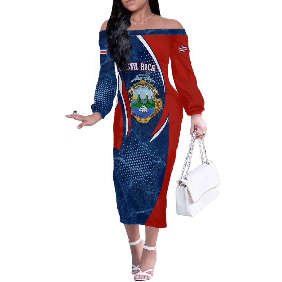 Costa Rica Orchid Family Matching Off The Shoulder Long Sleeve Dress and Hawaiian Shirt Red and Blue with National Emblem and Purple Flower Design - Wonder Print Shop