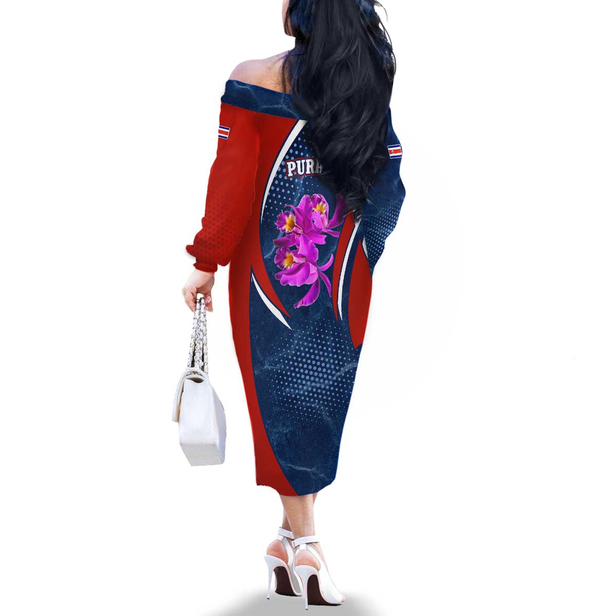 Costa Rica Orchid Family Matching Off The Shoulder Long Sleeve Dress and Hawaiian Shirt Red and Blue with National Emblem and Purple Flower Design - Wonder Print Shop