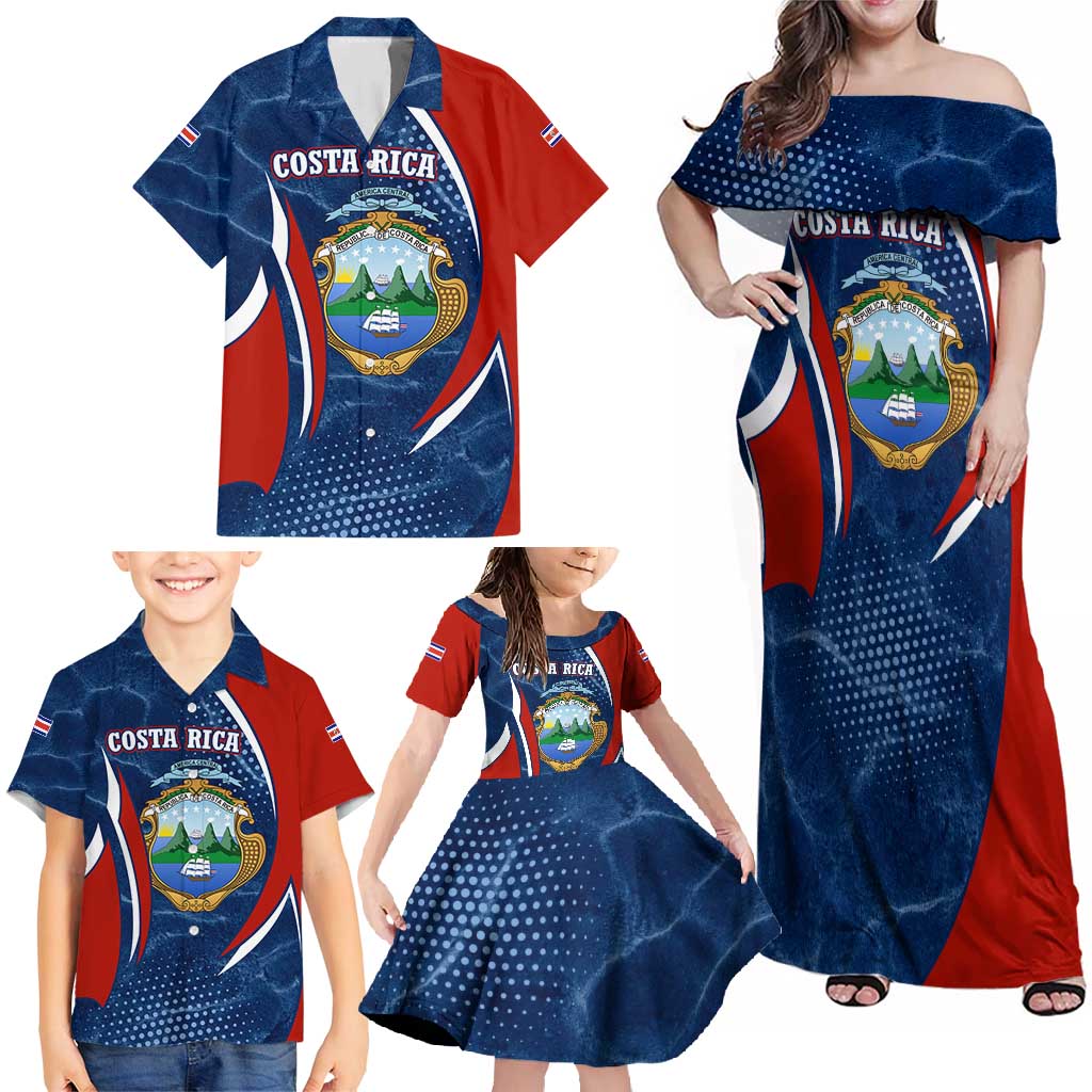 Costa Rica Orchid Family Matching Off Shoulder Maxi Dress and Hawaiian Shirt Red and Blue with National Emblem and Purple Flower Design - Wonder Print Shop