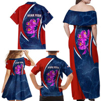 Costa Rica Orchid Family Matching Off Shoulder Maxi Dress and Hawaiian Shirt Red and Blue with National Emblem and Purple Flower Design - Wonder Print Shop