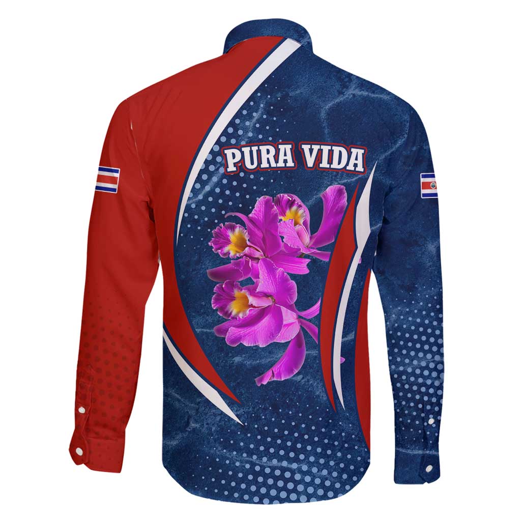 Costa Rica Orchid Family Matching Off Shoulder Maxi Dress and Hawaiian Shirt Red and Blue with National Emblem and Purple Flower Design - Wonder Print Shop