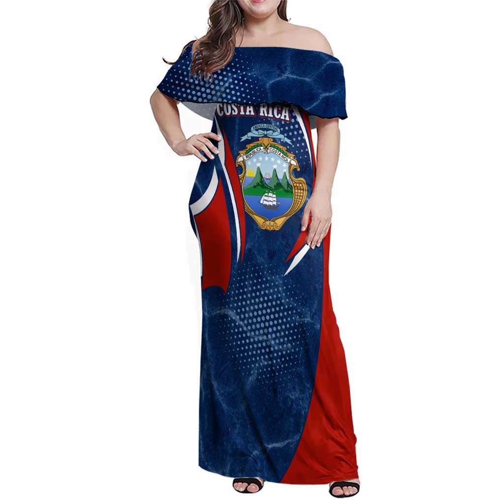 Costa Rica Orchid Family Matching Off Shoulder Maxi Dress and Hawaiian Shirt Red and Blue with National Emblem and Purple Flower Design - Wonder Print Shop