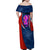 Costa Rica Orchid Family Matching Off Shoulder Maxi Dress and Hawaiian Shirt Red and Blue with National Emblem and Purple Flower Design - Wonder Print Shop