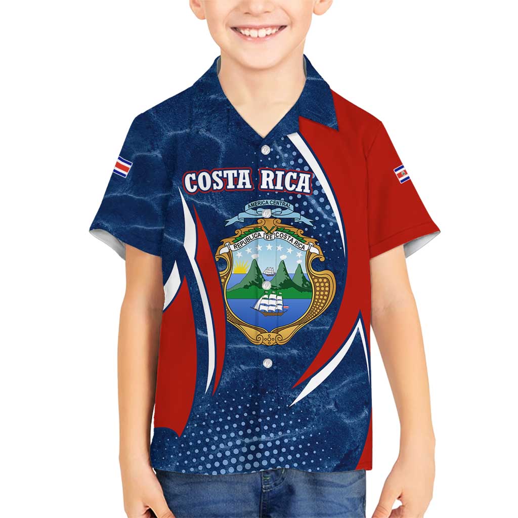 Costa Rica Orchid Family Matching Off Shoulder Maxi Dress and Hawaiian Shirt Red and Blue with National Emblem and Purple Flower Design - Wonder Print Shop