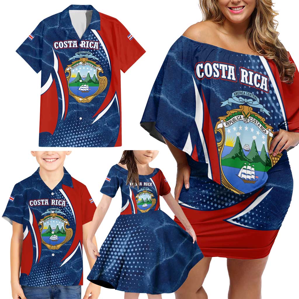 Costa Rica Orchid Family Matching Off Shoulder Short Dress and Hawaiian Shirt Red and Blue with National Emblem and Purple Flower Design - Wonder Print Shop