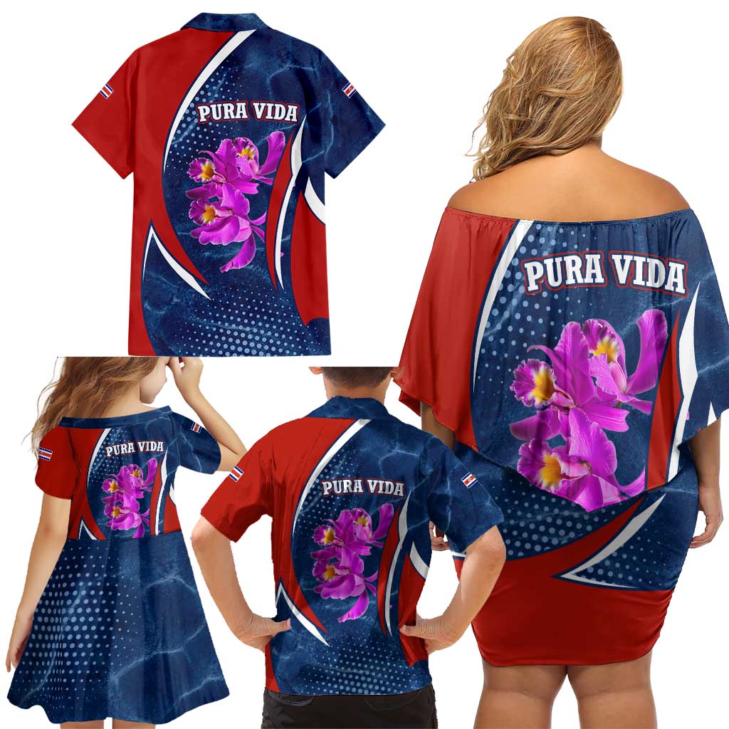 Costa Rica Orchid Family Matching Off Shoulder Short Dress and Hawaiian Shirt Red and Blue with National Emblem and Purple Flower Design - Wonder Print Shop