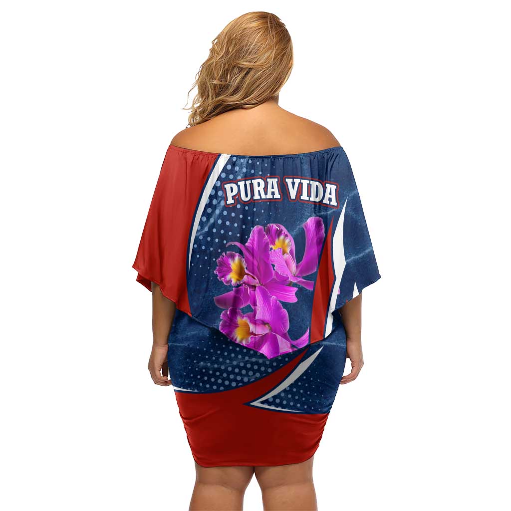 Costa Rica Orchid Family Matching Off Shoulder Short Dress and Hawaiian Shirt Red and Blue with National Emblem and Purple Flower Design - Wonder Print Shop