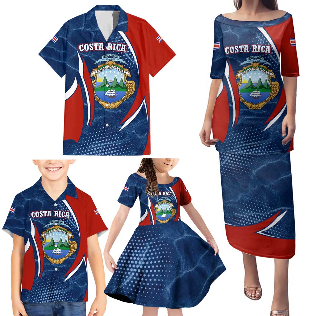 Costa Rica Orchid Family Matching Puletasi and Hawaiian Shirt Red and Blue with National Emblem and Purple Flower Design - Wonder Print Shop