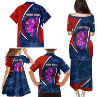 Costa Rica Orchid Family Matching Puletasi and Hawaiian Shirt Red and Blue with National Emblem and Purple Flower Design - Wonder Print Shop