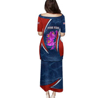 Costa Rica Orchid Family Matching Puletasi and Hawaiian Shirt Red and Blue with National Emblem and Purple Flower Design - Wonder Print Shop