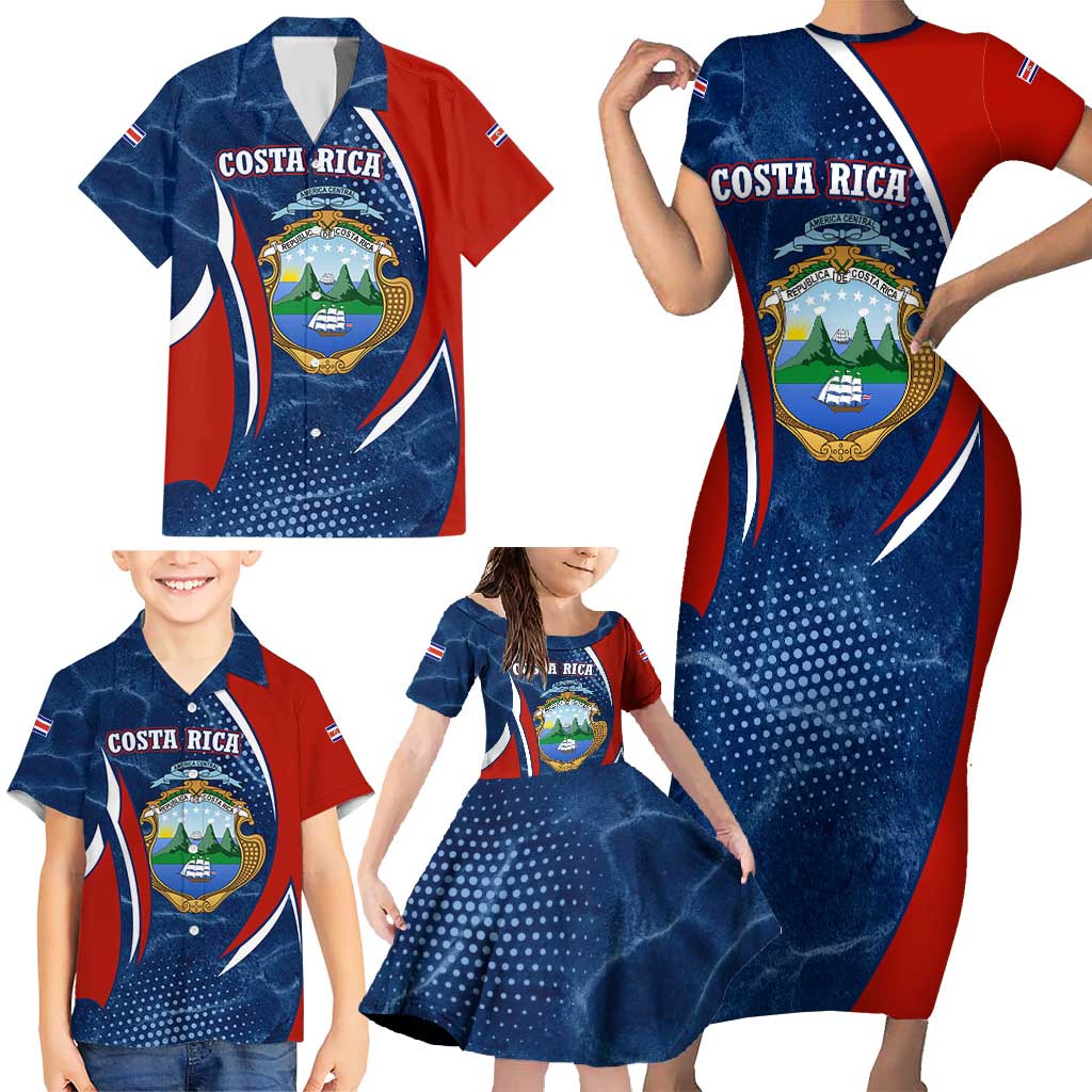 Costa Rica Orchid Family Matching Short Sleeve Bodycon Dress and Hawaiian Shirt Red and Blue with National Emblem and Purple Flower Design - Wonder Print Shop