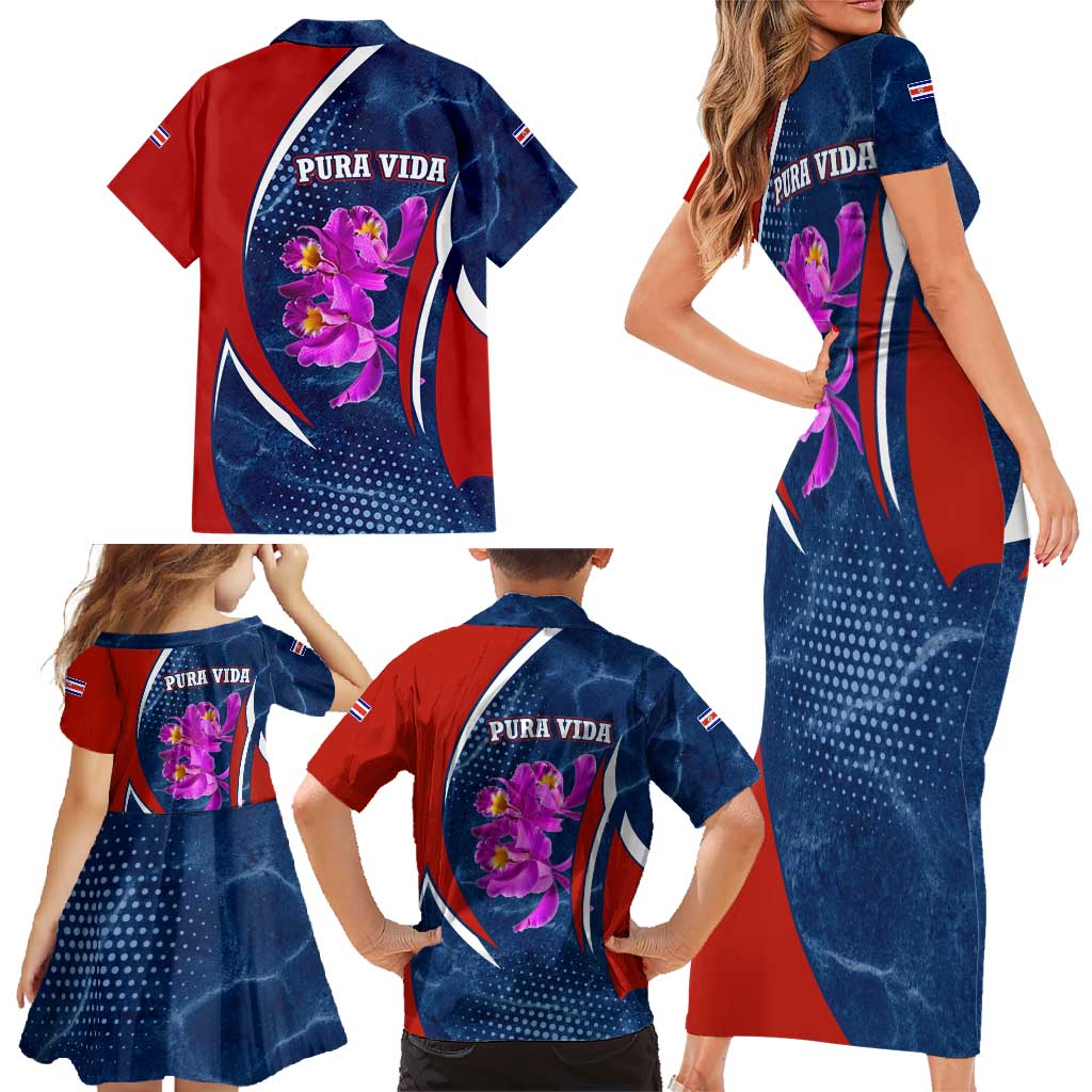 Costa Rica Orchid Family Matching Short Sleeve Bodycon Dress and Hawaiian Shirt Red and Blue with National Emblem and Purple Flower Design - Wonder Print Shop