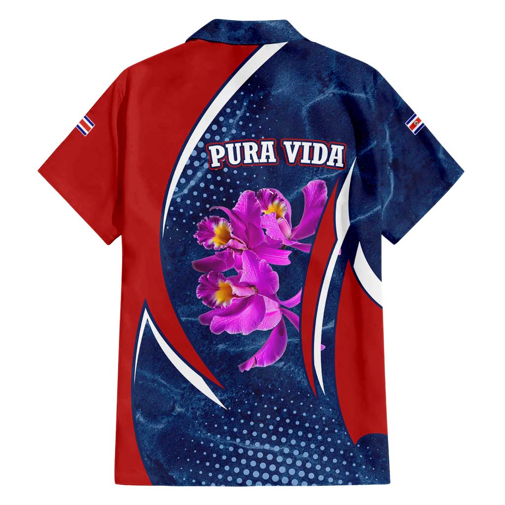Costa Rica Orchid Family Matching Short Sleeve Bodycon Dress and Hawaiian Shirt Red and Blue with National Emblem and Purple Flower Design - Wonder Print Shop
