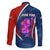 Costa Rica Orchid Family Matching Short Sleeve Bodycon Dress and Hawaiian Shirt Red and Blue with National Emblem and Purple Flower Design - Wonder Print Shop