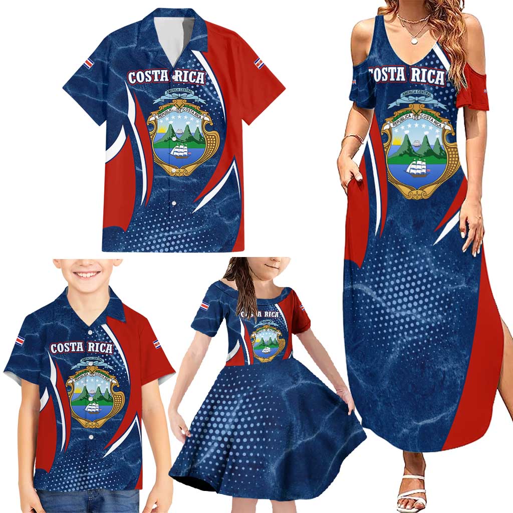 Costa Rica Orchid Family Matching Summer Maxi Dress and Hawaiian Shirt Red and Blue with National Emblem and Purple Flower Design - Wonder Print Shop